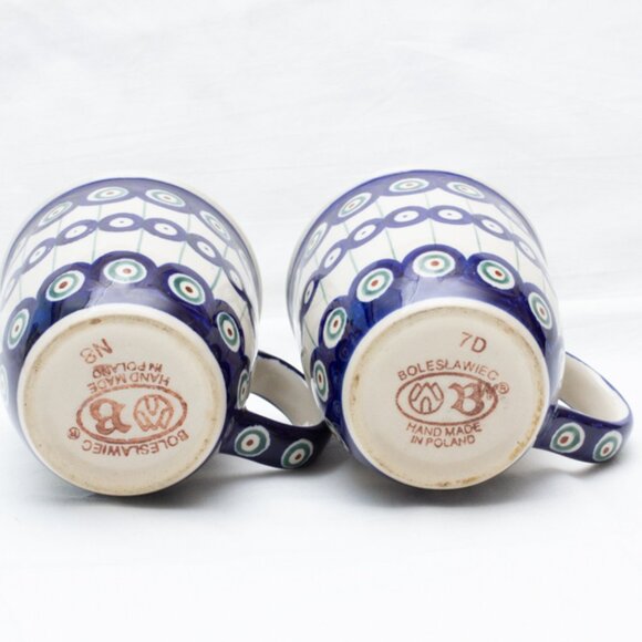 Boleslawiec Polish Pottery Coffee Mugs Matching Set Of 2 Peacock Pattern 12 oz - Picture 4 of 4